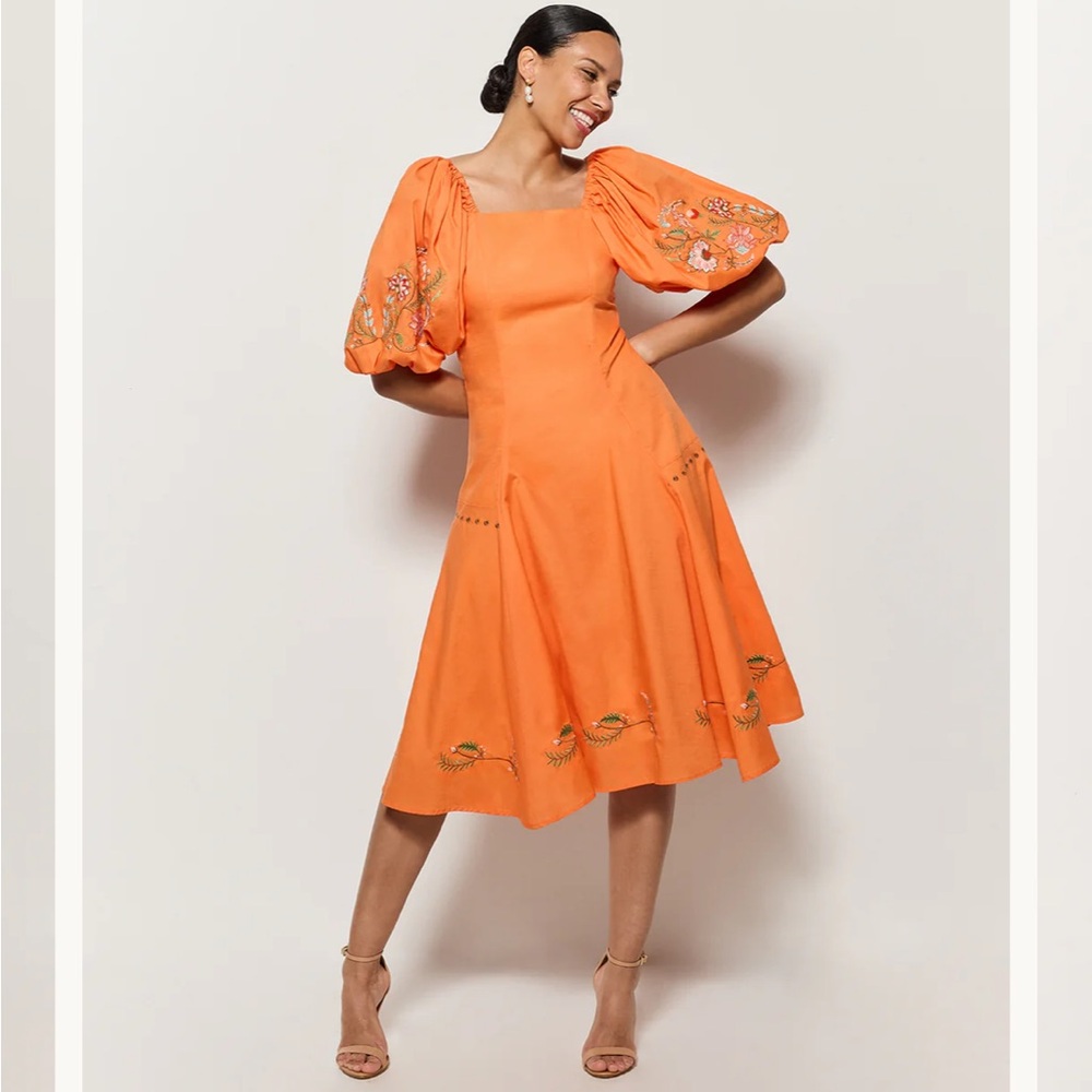 Fanm Mon Cacem Dress Midi Maxi Floral Embroidered Pouf Sleeve Orange Small NWT